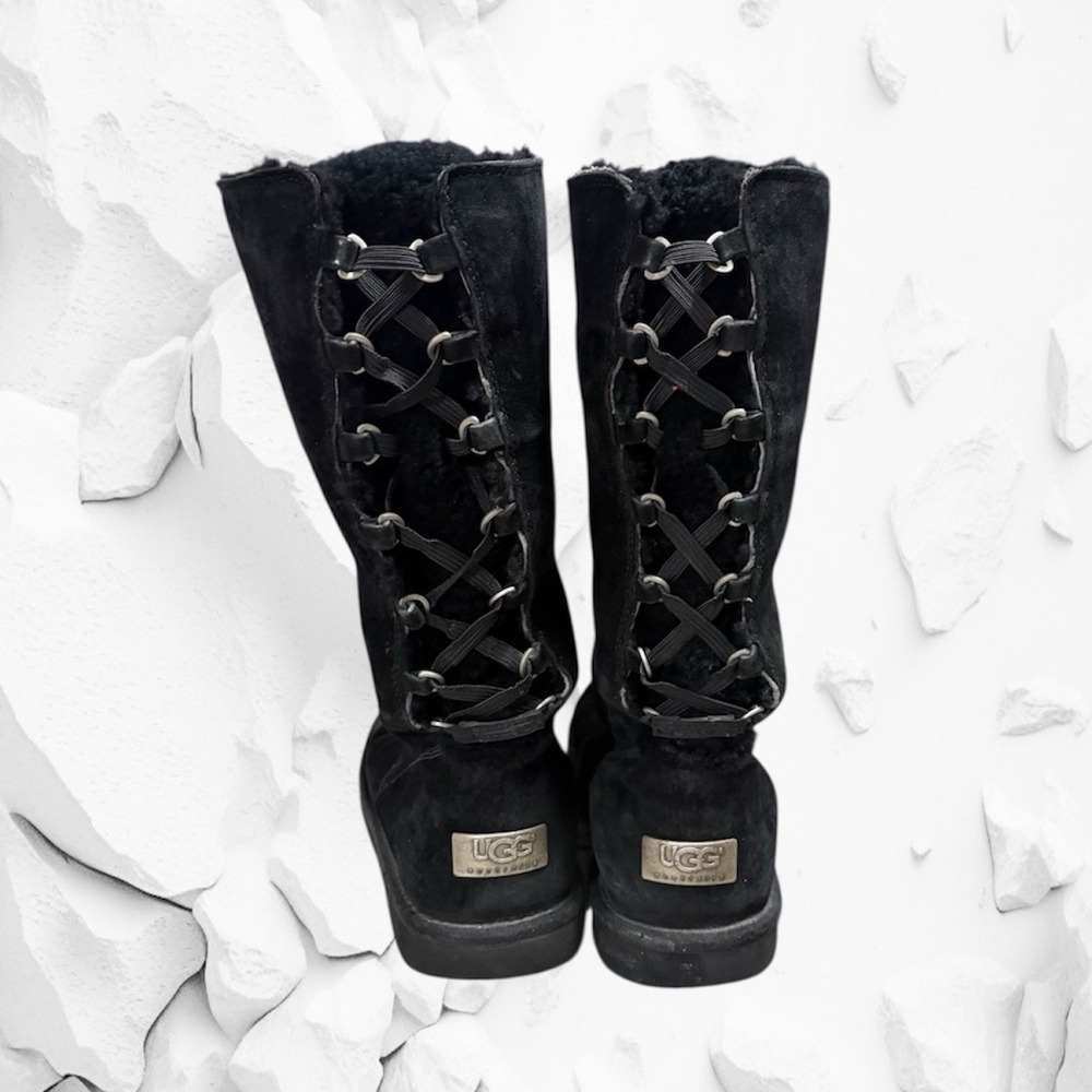 UGG Australia Roseberry Black Suede Lace Up Tall‎ Winter Boots Women's Size 9 - Picture 5 of 8